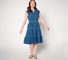 Feeling flirty? Slip into this pretty denim dress with a smocked waist and do a little twirl. The tiered skirt provides just the right amount of swish. From Denim & Co.® Fashions. Casual Tiered Ruffle Dress, Casual Tiered Dress With Elastic Waistband, Casual Tiered Denim Dress, Tiered Skirt, Denim Dress, Smocking, Dress Skirt, Fashion Dresses, Skirt