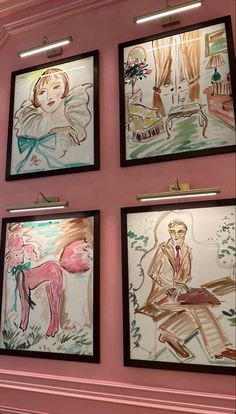 four framed paintings on the wall of a pink room