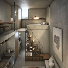 the interior of a modern apartment with stairs leading up to the loft bedroom and living room