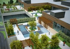 an artist's rendering of a building with several courtyards and trees surrounding it