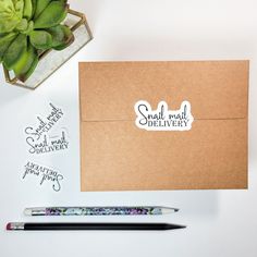 a brown envelope with the words small mail delivery on it next to a pen and succulent plant