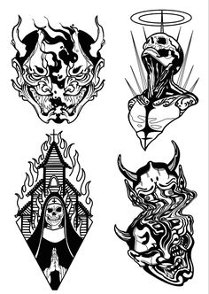 four different tattoo designs in black and white, each with an image of a demon