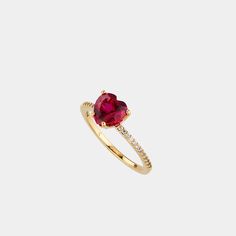 Add a sweet touch to your look with this heart-shaped ring featuring a ruby colored stone for a pop of color. Soft Engagement Rings, Ruby Heart Ring, Ruby Ring Gold, Ruby Heart, Gold Heart Ring, Soft Gamine, Heart Shaped Rings, Colored Stone, Red Gemstones