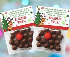 two bags of reindeer nose candy with christmas cards on them and one bag filled with chocolate candies