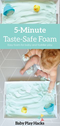 a baby playing in a bathtub with the words 5 minute taste - safe foam