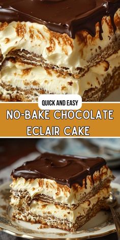 no - bake chocolate eclair cake on a plate with the words quick and easy