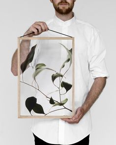 a man holding up a framed photograph with leaves on it