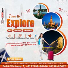 an advertisement for the travel company called time to explore with images of people and landmarks