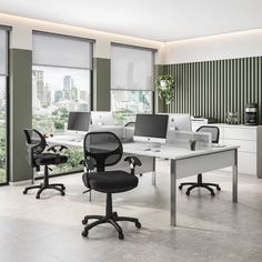 an office with two desks and three chairs in front of large windows overlooking the city