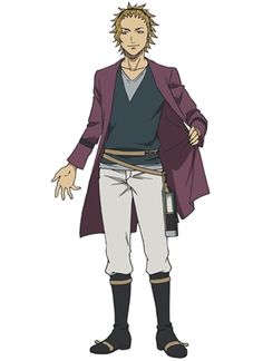 an anime character in a purple coat and white pants with his hand on his hip