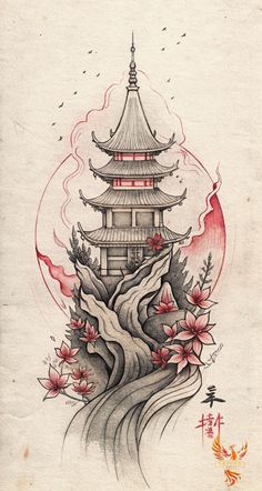 an ink drawing of a pagoda with flowers on the top and water flowing down it