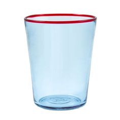 a red rimmed glass is shown against a white background, with only the bottom portion visible