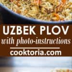 a close up of food on a plate with the words uzbek plov