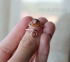 someone is holding a tiny animal ring in their left hand and it's shaped like a snail