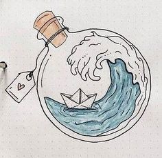 a drawing of a bottle with a paper boat in it