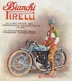 an advertisement for a motorcycle with a man standing next to it