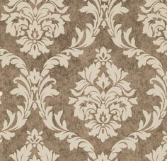 a brown and white damask wallpaper with an ornate design on the bottom corner