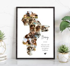 a dog's photo collage is shown in the shape of a cross with his name