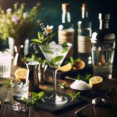 a glass filled with ice and mint sitting on top of a wooden table next to bottles