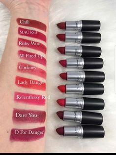 Mac Red Lipstick, Mac Red Lipsticks, Makeup Lips Matte, Mac Nude Lipstick, Mac Lipstick Swatches, Perfect Red Lipstick, Lipstick For Fair Skin, Glitter Lipstick