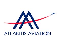 the atlantic aviation logo is shown in blue and red, with an arrow on top