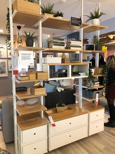 the shelves are full of books and plants in the store, with people looking at them