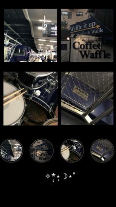 an advertisement for coffee and waffle in the middle of several different pictures, including drums