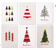 four christmas cards with trees on them in red, green and yellow colors are shown