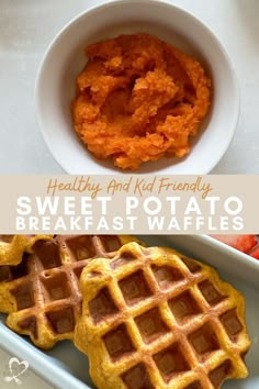 sweet potato breakfast waffles with mashed potatoes in the background and text overlay