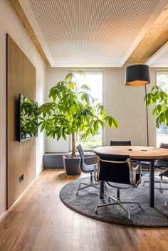 a round table surrounded by black chairs and potted plants in a room with large windows