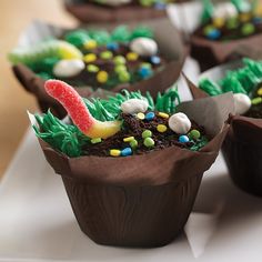 Dirt Cupcakes, Bug Cupcakes, Crisco Recipes, Kid Parties, Wafer Cookies, Yummy Dessert, Green Food Coloring, Cute Cupcakes, Dessert Ideas