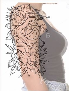 a woman's arm with flowers and a snake tattoo on the side of her body