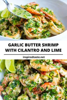 garlic butter shrimp with cilantro and lime served in a white bowl on a table