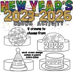 the new year's crown activity for kids is shown in three different colors and sizes