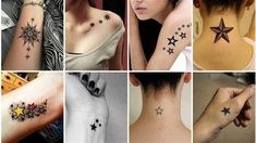 many different stars tattoo designs on the back of their neck and shoulder, including one with a star