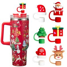 christmas themed items are displayed in front of a white background, including a red travel mug