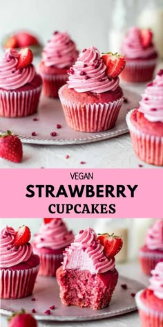 vegan strawberry cupcakes with pink frosting and strawberries on the side