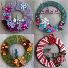 four different christmas wreaths made out of yarn and paper mache, each with an ornament