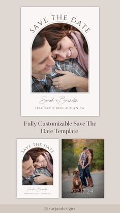 save the date postcard with two photos and an image of a couple hugging each other