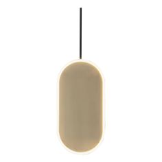 a light that is hanging from a black cord on a white wall and has an oval shaped object in the middle