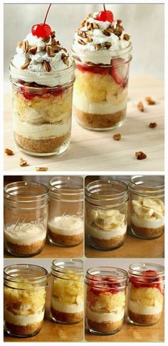 there are many desserts in jars with toppings on the top and below them