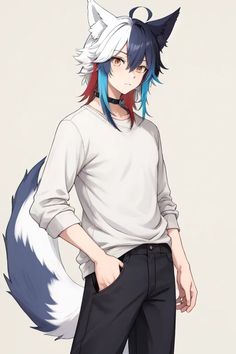 an anime character with blue hair wearing a white shirt and black pants, holding his hands on his hips