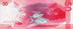 an image of a 50 euros bill with fish and mountains in the background on pink paper