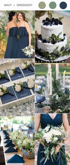 navy blue and green wedding color palettes with greenery, flowers, candles and cake