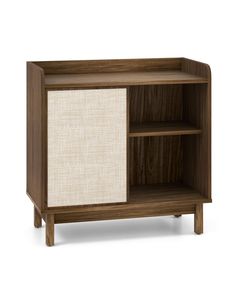 the sideboard is made out of wood and white fabric