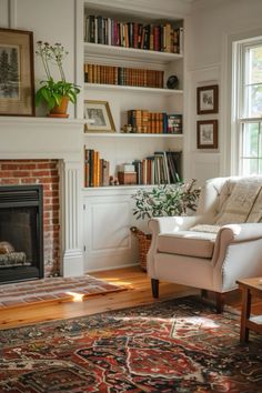 a living room filled with furniture and a fire place in front of a book shelf