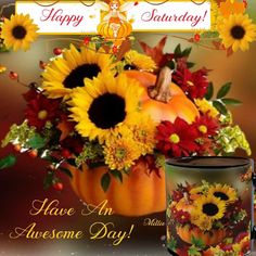 happy friday have an awesome day coffee mug with sunflowers and autumn leaves on it