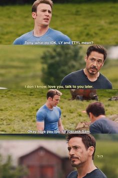 the avengers movie scene with captain america and iron man in blue shirt talking to each other