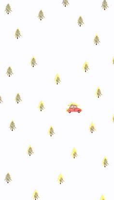 a red car driving down a street next to tall pine trees on a white background