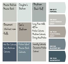 some gray and white paint colors with the names of different paints on them, all in shades